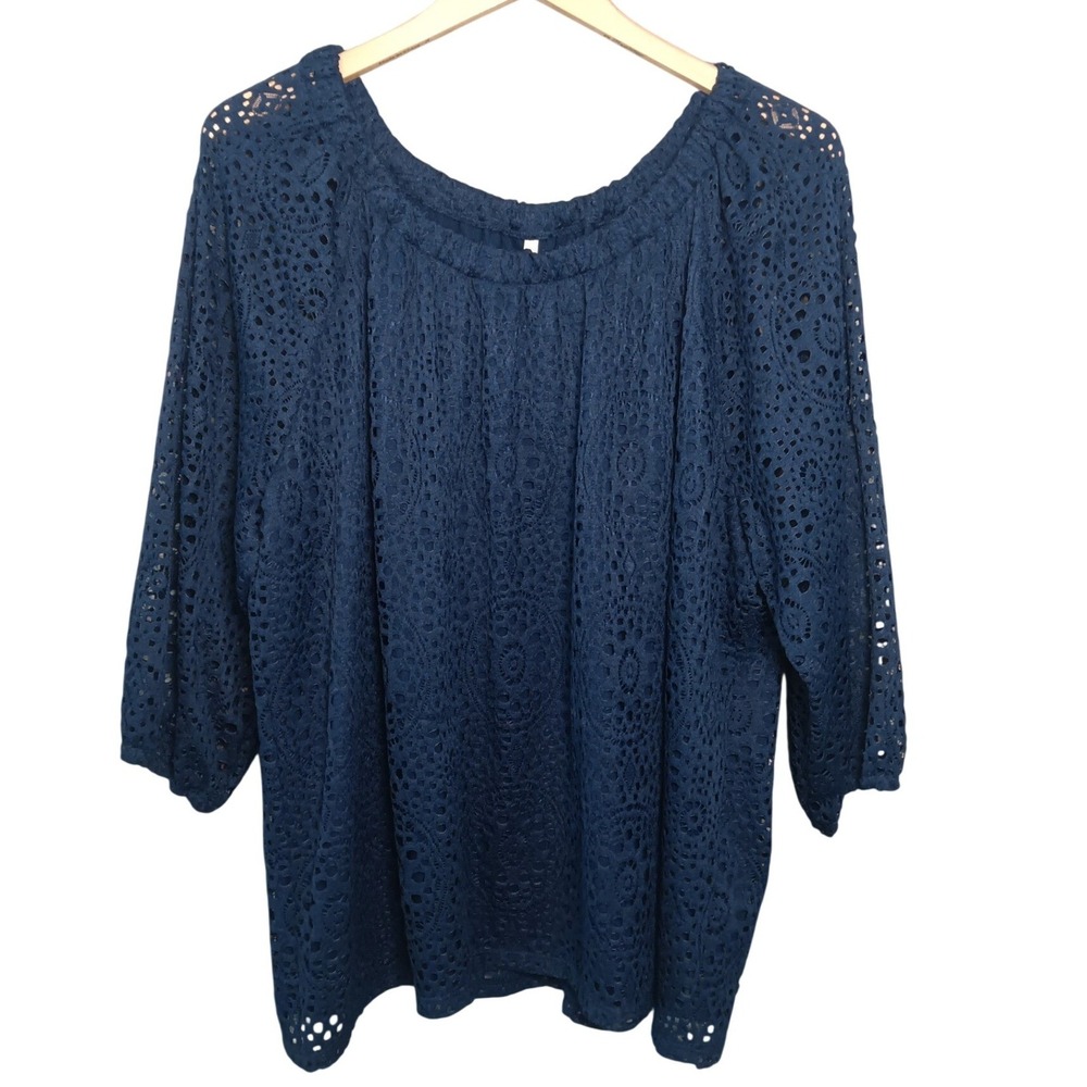 Leo & Nicole Admiral Navy Eyelet Lace Convertible Blouse XXL NWT